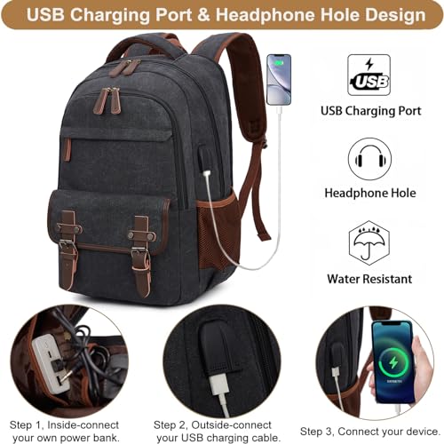 Canvas Travel Laptop Backpack for Men Women, business Work Rucksack College School Computer Bag Fits 15.6 Inch Laptop, Bookbag with USB Charging Port （Black）