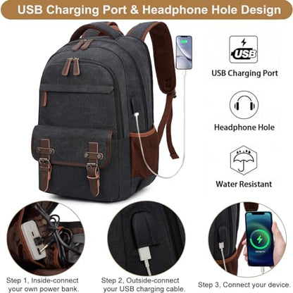 Canvas Travel Laptop Backpack for Men Women, business Work Rucksack College School Computer Bag Fits 15.6 Inch Laptop, Bookbag with USB Charging Port （Black）