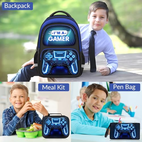 School Backpack for Boys - 3pcs Gamer Boys Backpack with Lunch Box Set for Kids Teens Elementary Middle School - 17″ Video Game Bookbag Travel Back Pack for Age 6-18 - color: Gamer Blue-backpack Set