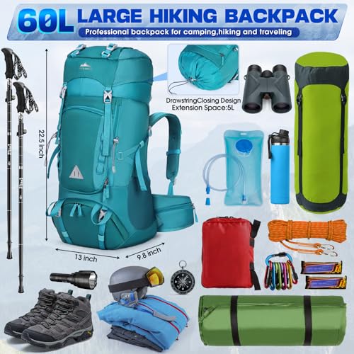 IGOLUMON 60L Hiking Backpack Waterproof Camping Backpack with Rain Cover Large Lightweight Backpacking Backpack for Men Women - color: Green