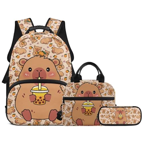3PCS Backpacks for Boys Girls, Cute Capybara 3 in 1 School Bag with Insulated Lunch Box Pencil Case for Middle High School Students - color: Cute Capybara