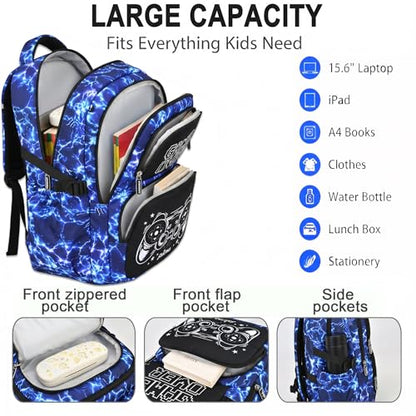 3PCS Kids Backpack Set, School Backpack with Lunch Bag & Pencil Case, Lightweight Waterproof Bookbag for Kids (Gamer Blue) - color: Gamer Blue