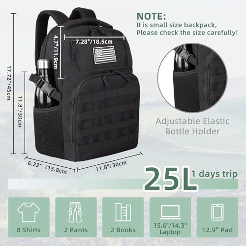 TBNBO Small Military Tactical Backpack for Men, Travel Hiking Black Backpack with Bottle Holder on Both Sides, 25L Laptop Backpack for Work, Men's Assault Bag Back Pack - color: 25lblack