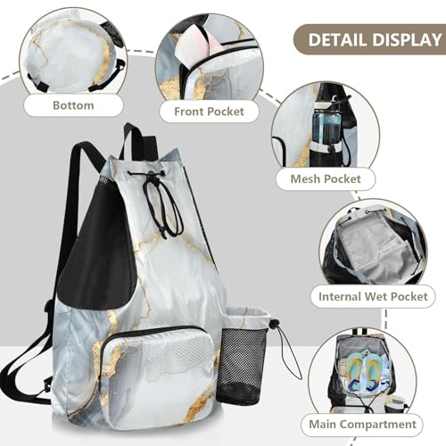 Drawstring Backpack For Women Men Sport Gym Sackpack With Water Bottle Holder String Bookbag Wet and Dry Separation Marble White Grey - color: Color 8