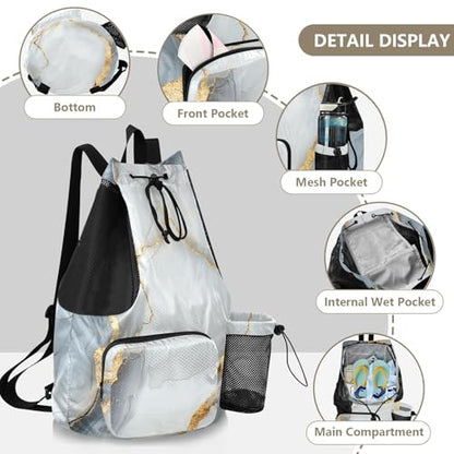 Drawstring Backpack For Women Men Sport Gym Sackpack With Water Bottle Holder String Bookbag Wet and Dry Separation Marble White Grey - color: Color 8