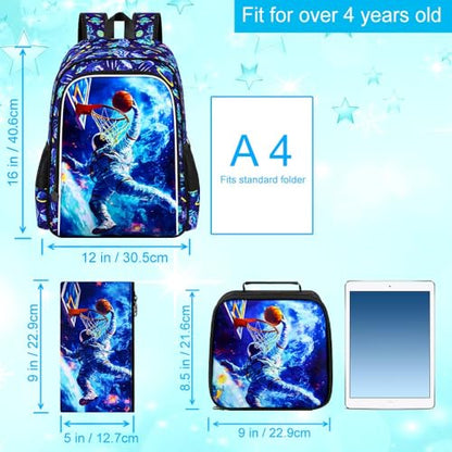 HPJGD 3PCS Kids Astronaut Backpack, Water Resistant Bookbag for Boys Set with Lunch Box, Cool School Bag for Elementary Preschool Toddler - Basketball Astronaut - color: Cool Uv Printed Astronaut Basketball Blue