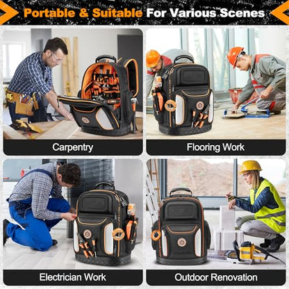 LOKASS 18.1 Inch Tool Backpack, 75 Pockets & Loops Heavy-Duty 1680D Molded Base Tool Bag with Combination Lock for Electrician, HVAC, Construction Workers, Black - color: Black