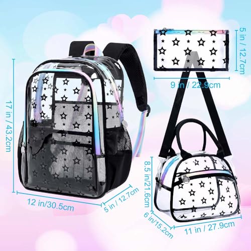 gxtvo 3PCS Girls See Through Bookbag Heavy-Duty Set for Women & Teen, 17" Black Clear School Backpack with Rainbow Strap, Cute Star Transparent Bag - color: Black Star Rainbow Clear Backpack Set