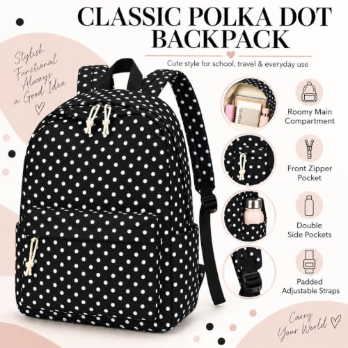 LOIDOU Girls Backpack for Kids Cute School Bookbag - color: Black Polka Dots, size: L-17"