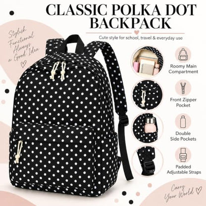 LOIDOU Girls Backpack for Kids Cute School Bookbag - color: Black Polka Dots, size: L-17"