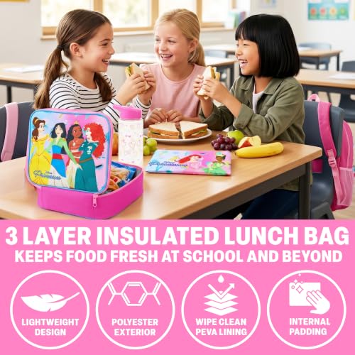 Get Trend Disney Princess Kids Backpack 4 Piece Set | 18 inch Bookbag, Insulated Lunch Bag, Zipped Pencil Case & BPA-Free Water Bottle for School & Travel, Gifts for Girls - color: Pink Princess