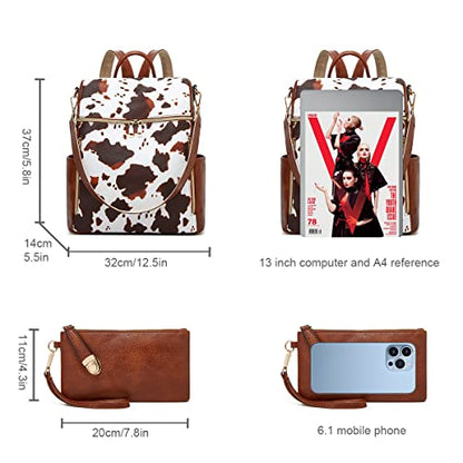 Makes Backpack Purse for Women PU Leather Travel Satchel Handbag Convertible Design Bag with Purse 2 Piece - color: Cow Brown Pattern
