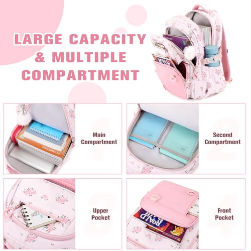 Bevalsa Backpack for Girls, School Bookbag Teen Girls Backpack Set with 14oz Insulated Water Bottle Stainless Steel, Lunch Bag & Pencial Case for Kids Elementary Middle Student (Pink Floral) - color: Pink Flower