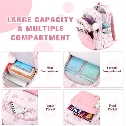 Bevalsa Backpack for Girls, School Bookbag Teen Girls Backpack Set with 14oz Insulated Water Bottle Stainless Steel, Lunch Bag & Pencial Case for Kids Elementary Middle Student (Pink Floral) - color: Pink Flower