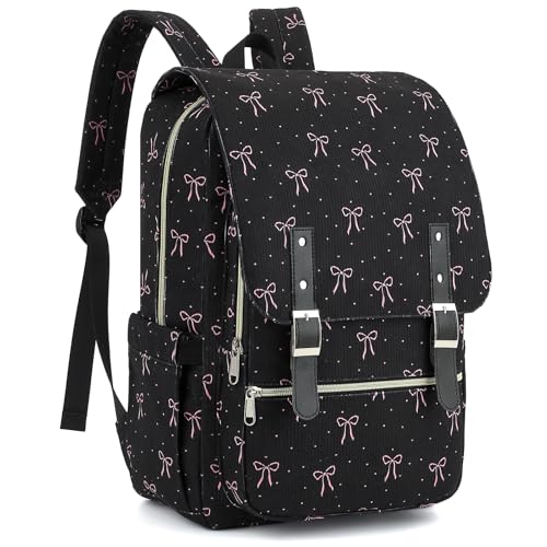 Corduroy Women Travel Backpack, College Laptop Backpack Casual Daypack School Bookbag for 15.6 Inch Laptop (Corduroy Bow Tie Black) - color: Corduroy Bow Tie Black