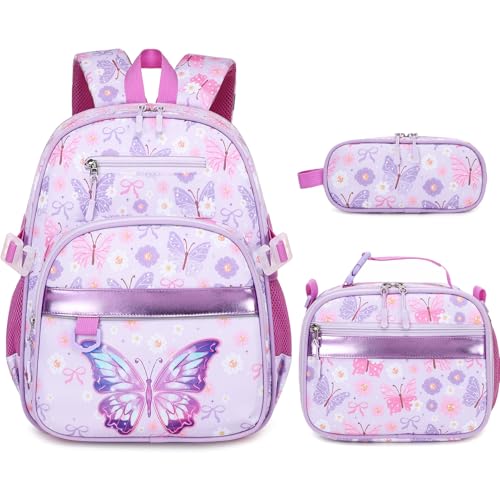 Toddler Backpack for Girls Ages 5-8, 3PCS Girls Backpack with Lunch Bag & Pencil Case - 15inch Kids School Bookbag for Preschool Kindergarten Elementary School (Butterfly) - color: Butterfly