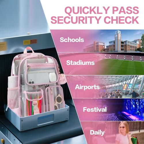 Clear Backpacks for Girls Women, Heavy Duty PVC Transparent School Bookbag See Through Back Pack for College Work Travel (Light Pink) - color: Light Pink