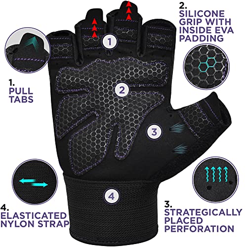RDX Weight Lifting Gloves Gym Fitness Workout, Anti Slip Padded Full Palm Protection, Ultra Ventilated, Bodybuilding Strength Training HIIT WOD Exercise, Half Finger Men Women Cycling Rowing Climbing - color: Purple, size: Medium