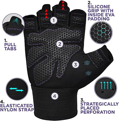 RDX Weight Lifting Gloves Gym Fitness Workout, Anti Slip Padded Full Palm Protection, Ultra Ventilated, Bodybuilding Strength Training HIIT WOD Exercise, Half Finger Men Women Cycling Rowing Climbing - color: Purple, size: Large