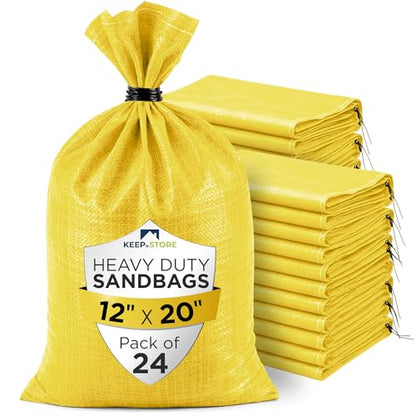 Heavy Duty Sand Bags Pack of 24, Bright Yellow Empty Sandbags with Built-In Ties, Woven Polypropylene UV Protection 1600 Hours, Fillable Bags for Flood Control, Weight, 12x20 inches, 25 Pounds Volume - size: 12"W x 20"L, style: Pack of 24