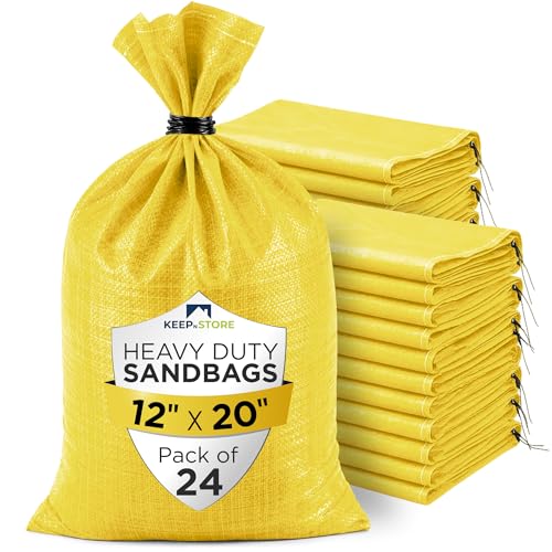 Heavy Duty Sand Bags Pack of 24, Bright Yellow Empty Sandbags with Built-In Ties, Woven Polypropylene UV Protection 1600 Hours, Fillable Bags for Flood Control, Weight, 12x20 inches, 25 Pounds Volume - size: 12"W x 20"L, style: Pack of 24