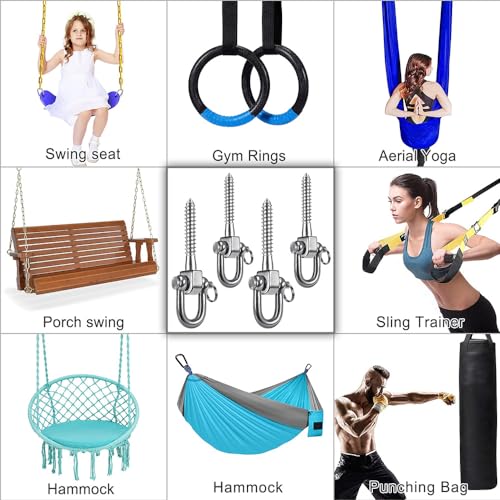 SELEWARE 4 Pack Swing Hangers Swing Set Hooks Stainless Steel Hammock Hooks for Porch Swing, Hammock Chair, Heavy Bag, Yoga Silk, Suspension Straps, Gymnastics Rings - color: Stainless 4 Pack Swing Hooks
