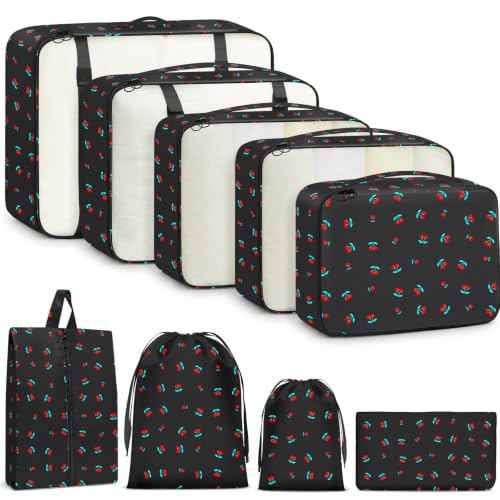 9 Set Packing Cubes for Travel Essentials - Lightweight Carry-On Luggage Organizer Bags with Shoe, Clothes & Laundry Bags for Airplane, Family & Business Travel, Black cherry - color: Black cherry