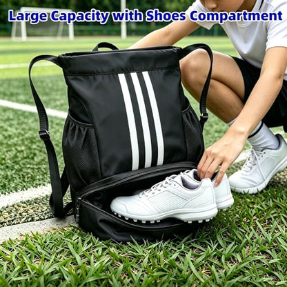 Soccer Bag, Youth Soccer Basketball Bag with Compartments Drawstring Backpack for Football Volleyball Gym Training (Black) - color: Black