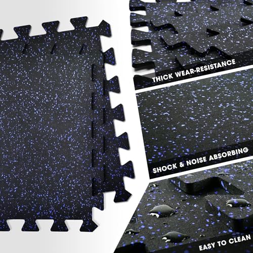 Yes4All Heavy Duty 100% High Density Rubber Floor Tiles Interlocking Mat- 6 Pcs 24 SQFT, Black Blue - color: Blue Dot, style: 24SQFT