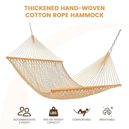 Lazy Daze Hammocks Double Rope Hammock, 2 Person Traditional Outdoor Hand Woven Cotton Rope Hammock with Spreader Bar, Carabiners, Tree Straps, Chains for Patio Yard - Max 450 Lbs, Tan - color: Tan