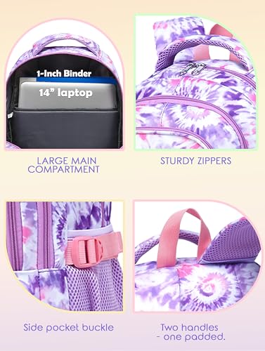 BLUEFAIRY Kids Backpack for Girls 17In Elementary Middle School Bookbag for Aged 6-8 8-10 10-12 Teens Childs Back to School Bag with Laptop Compartment Mochilas Escolares para Niñas de Tie-dye Purple - color: Light Orchid Purple