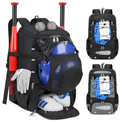 RAINSMORE Baseball Bag for Youth & Adult Lightweight Softball Bat Bag with Shoe Compartment, External Helmet Holder and Fence Hook Waterproof Baseball Backpack Hold T-Ball, Bat and Softball Equipment - color: Black
