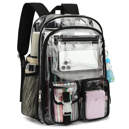Clear Backpack Heavy Duty Transparent Backpacks Stadium Approved for School Work Sport Travel (Black) - color: Black
