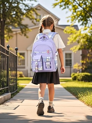 Girls Backpack with Lunch Box Cute School Backpack for Girls Kids Teens Kawaii Bookbag Set for Primary Elementary，Purple - color: Purple