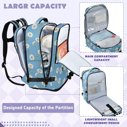 Travel Backpack with Shoe Compartment, 20L Large Capacity Laptop Backpack for Men Women, Daisies Blue Daypack for Traveling Hiking Carry On