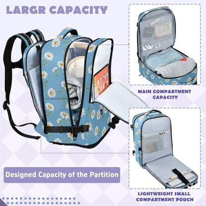 Travel Backpack with Shoe Compartment, 20L Large Capacity Laptop Backpack for Men Women, Daisies Blue Daypack for Traveling Hiking Carry On