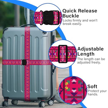 2 Pack Luggage Straps for Suitcases, Adjustable Travel Belt with Double Lock and Quick Release Buckle, Heavy Duty Nylon Bag Packing Strap, Bright Identifiers Business Travel Accessories-Pink Totem - color: 24020 Pink Totem