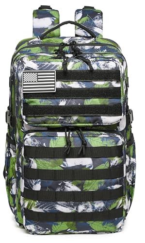 Wotony Military Tactical Backpack for Men Waterproof Daypack 3 Day Assault Pack Molle Bag with Water Bottle Holder - color: Green Leaves, size: 35L