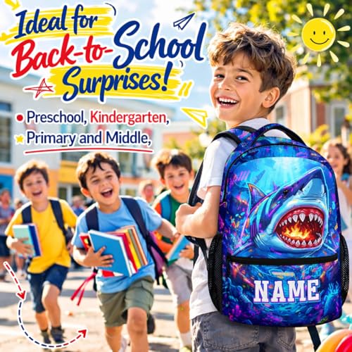 School Backpack Personalized Shark Backpacks for Kids Boys, Cool Large Capacity Custom Bookbag for Kindergarten Primary Elementary - color: Dark Blue