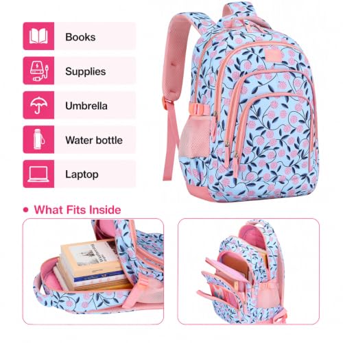 MYGOO Girls School Backpack Archibald Berry Pink Bookbag for Elementary Middle School Ages 5-12, 17 inch Large Capacity 24L Kids Student Travel Bags - color: Archibald Berry Pink