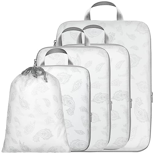 Cambond Compression Packing Cubes for Travel - Lightweight Expandable Travel Bags Luggage Organizers Travel Essentials Compression Cubes for Travel Space Saver for Carry on Suitcases Organizer - color: 05 White Teardrop-shaped Texture, size: 5-Piece Set (