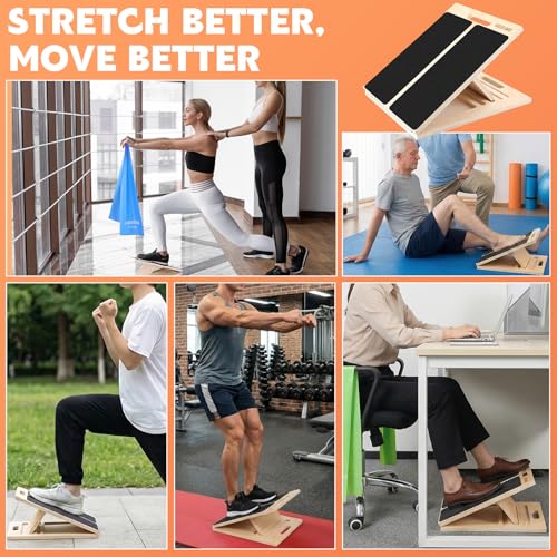Slant Board for Calf Stretching, Adjustable Wooden Calf Stretcher Incline Board with 3 Pcs Resistance Bands Calf Stretch Board for Squats Leg Knees Heel Ankle Stretching