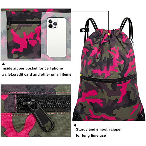 draw string back bag, Large Gym Sports string backpack for men and women with front zipper pocket and inside zipper pocket to keep key or phone(Pinkgreen camo) - color: Pink Green Camo, style: Drawstring With Front Pocket