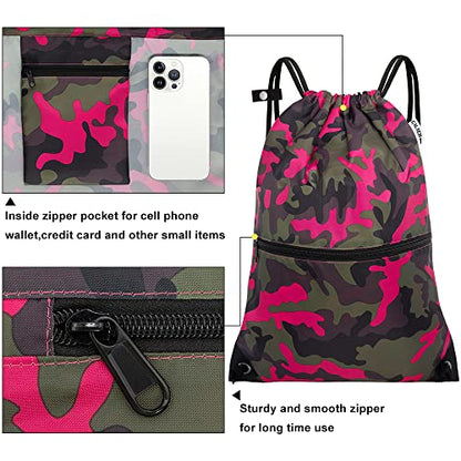 draw string back bag, Large Gym Sports string backpack for men and women with front zipper pocket and inside zipper pocket to keep key or phone(Pinkgreen camo) - color: Pink Green Camo, style: Drawstring With Front Pocket