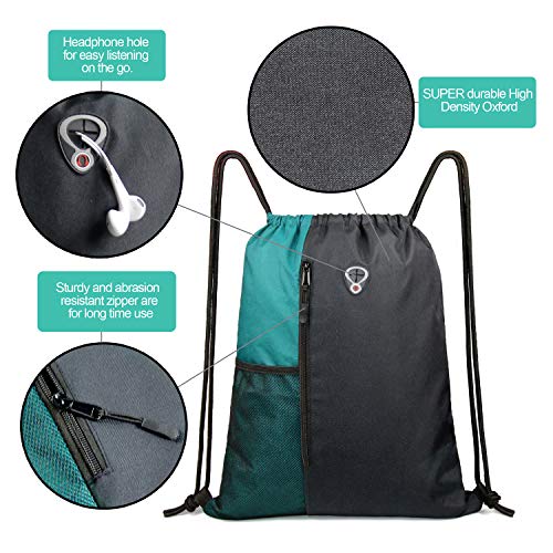 Drawstring Backpack Sports Gym Bag for Women Men Large Lightweight Backpack with Zipper and Water Bottle Mesh Pockets (Black/Teal) - color: Black/Teal, style: Drawstring With Mesh Pocket