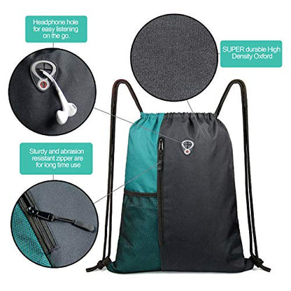 Drawstring Backpack Sports Gym Bag for Women Men Large Lightweight Backpack with Zipper and Water Bottle Mesh Pockets (Black/Teal) - color: Black/Teal, style: Drawstring With Mesh Pocket