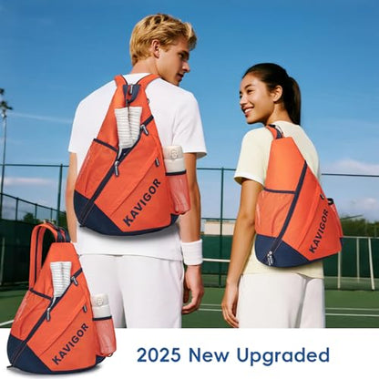 KAVIGOR Pickleball Sling Bag, Convertible Ultra-Light Backpack with Skin-Soft Fabric & Wet/Dry Pocket, Fits 4 Paddles + Gear - color: Vigor Orange