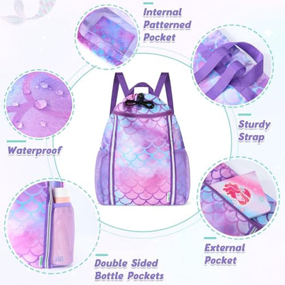 WAWSAM Kids Gym Drawstring Backpack String Bag, Mermaid Sports Gym Bag for Kids Girls Waterproof Swimming Beach String Cinch Backpack with Two Water Bottle Pocket - color: Mermaid