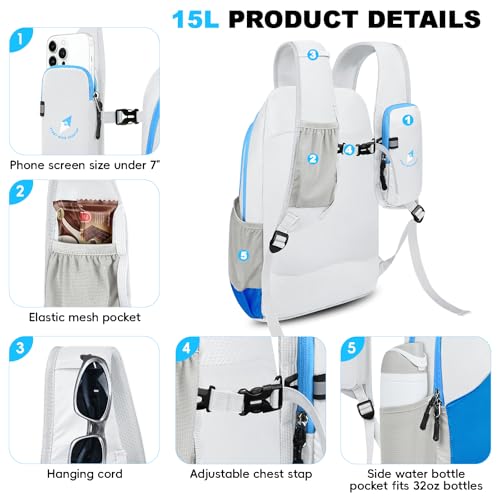 Seektop 15L Small Lightweight Hiking Backpack for Men Women Foldable Packable UltraLight Daypack for Travel Daily Outdoor - color: Blue White