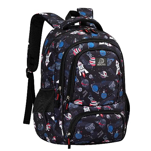 MYGOO Boys School Backpack Doubleday Astro Black Bookbag for Elementary Middle School Ages 5-12, 17 inch Large Capacity 24L Kids Student Travel Bags - color: Doubleday Astro Black
